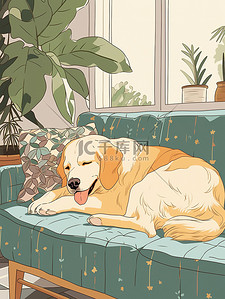 安静舒适插画图片_可爱的金毛犬躺在客厅沙发上3