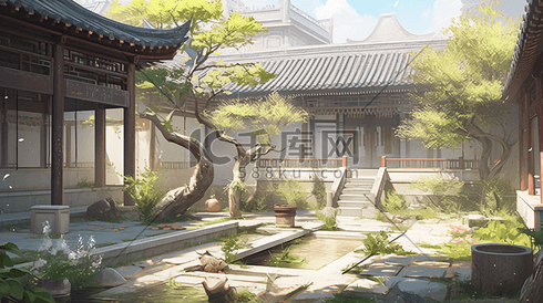 中式场景插画唯美治愈古风翠绿感性中式庭院
