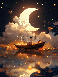 4星空插画图片_梦幻之夜星星和月亮4