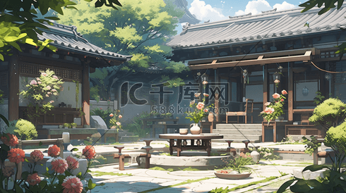 中式场景插画古风中式宁静的庭院