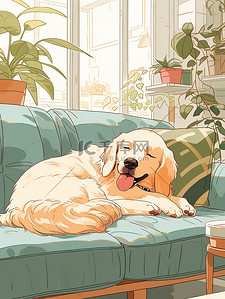 沙发躺插画图片_可爱的金毛犬躺在客厅沙发上7
