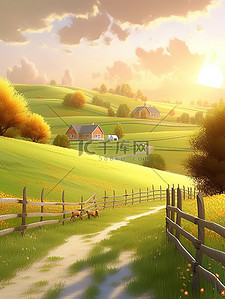 美丽的乡村插画图片_宁静美丽的乡村草地农舍1