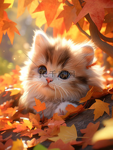 秋天枫叶插画图片_秋天枫叶落叶可爱的小猫1