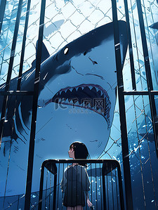 对视插画图片_女孩在深海笼子与鲨鱼对视3