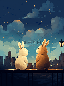 卡通卡通可爱兔子插画图片_月下可爱兔子插画4