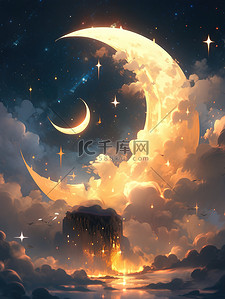 梦幻月亮插画图片_梦幻之夜星星和月亮9