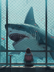对视插画图片_女孩在深海笼子与鲨鱼对视6