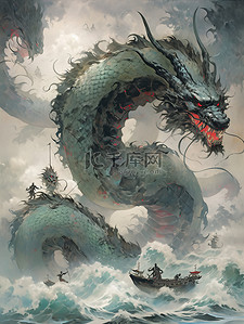 龙王降水插画图片_海上咆哮的龙王神龙中国神话17