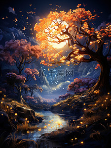 唯美夜色插画图片_梦幻唯美夜色发光的树木11