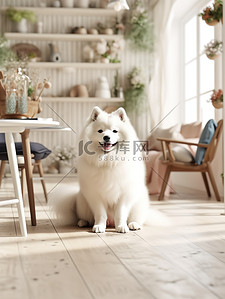 可爱的萨摩耶狗坐在客户地板上16