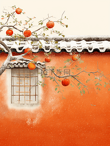 树霜降插画图片_中国风唯美墙外的柿子树霜降节气插画1