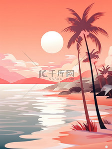 完美的海滩之夜浅橙色日落插画11