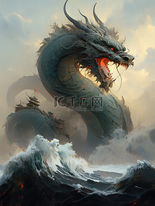 龙王降水插画图片_海上咆哮的龙王神龙中国神话11