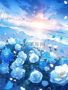 玫瑰花瓣雨插画图片_梦幻海边蓝色水晶玫瑰13