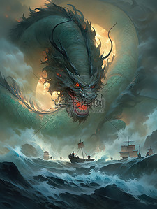 龙王降水插画图片_海上咆哮的龙王神龙中国神话3