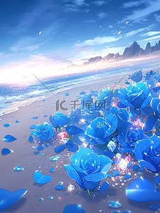 蓝色荧光海插画图片_梦幻海边蓝色水晶玫瑰18