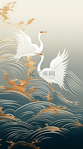 中国风典雅白鹤和金线海浪