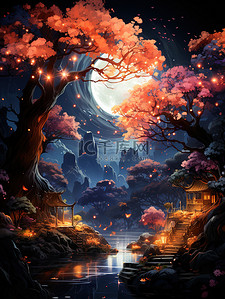 唯美夜色插画图片_梦幻唯美夜色发光的树木15