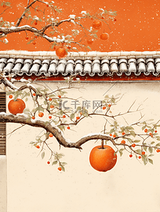 中国风唯美墙外的柿子树霜降节气插画3