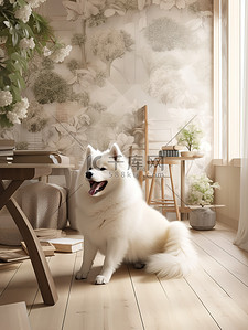 可爱的萨摩耶狗坐在客户地板上6