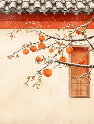 霜降插画图片_中国风唯美墙外的柿子树霜降节气插画2