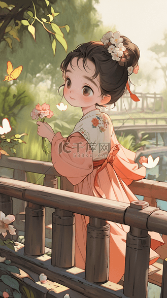手绘站桥上穿汉服的小女孩中国风唐风人物