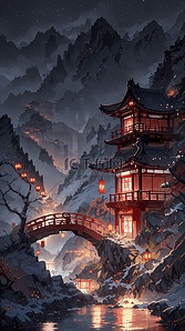 选择一座城市插画图片_手绘中国风群山中一座小桥