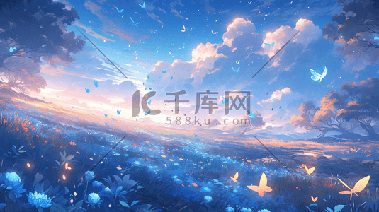 心灵花园风景插画图片_唯美治愈梦幻手绘风景插画花海