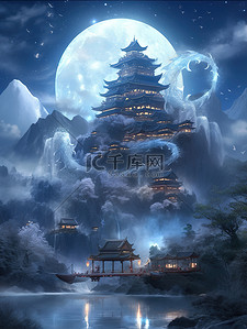 月色中国古代建筑小河流水1