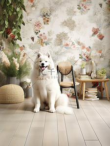 可爱的萨摩耶狗坐在客户地板上10