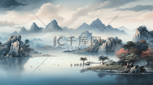 中国风唯美山水风景插画6