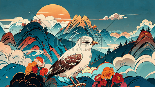 彩色风格动物插画图片_手绘国潮风格白色的鸟在群山中