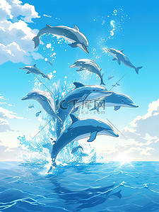 泼水插画图片_湛蓝海面海豚跳跃蓝天5