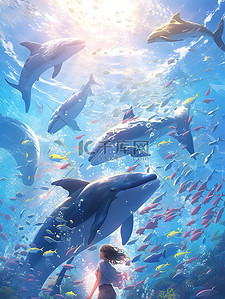 人类人类插画图片_人类和海豚一起游泳12