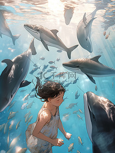 人类人类插画图片_人类和海豚一起游泳2