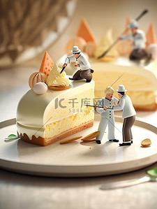 奶油甜品插画图片_微距小人在制作美味的奶油冰淇淋蛋糕2