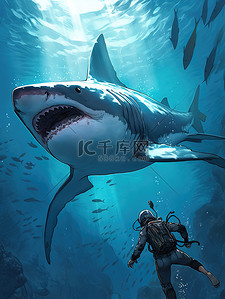 敬畏插画图片_潜水员和鲨鱼相遇11