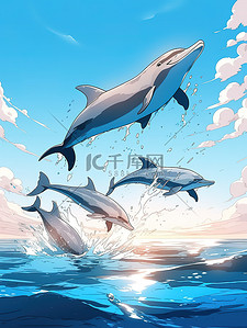 泼水插画图片_湛蓝海面海豚跳跃蓝天3