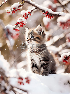 小猫红梅树下玩雪冬季12
