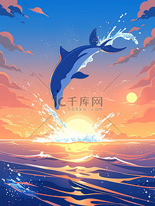 日落海面插画图片_日落时分海豚跳出水面4