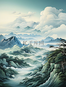 浅蓝插画图片_古风山水画数字艺术插画