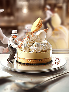 奶油甜品插画图片_微距小人在制作美味的奶油冰淇淋蛋糕13