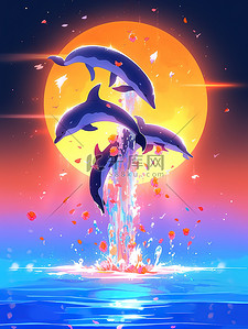参观水族馆插画图片_水族馆的海洋生物海豚表演4