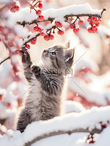 玩雪插画图片_小猫红梅树下玩雪冬季14