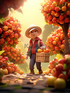 水果采摘插画图片_微距小人一位农民展示新鲜苹果5