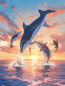日落海面插画图片_日落时分海豚跳出水面1