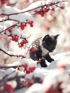 玩1插画图片_小猫红梅树下玩雪冬季1