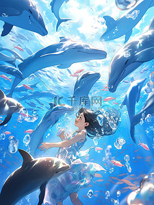 人类人类插画图片_人类和海豚一起游泳14