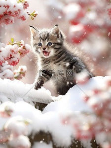 小猫红梅树下玩雪冬季5