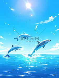 泼水插画图片_湛蓝海面海豚跳跃蓝天2